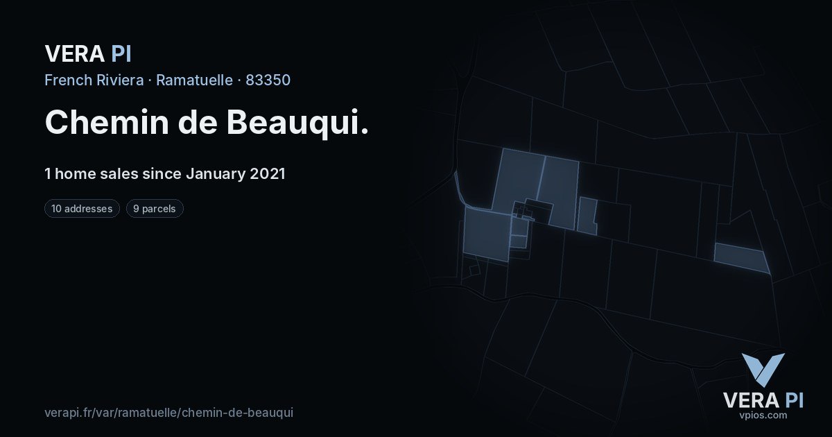 Chemin de Beauqui, Ramatuelle at night – every parcel coloured by the prices around it, the street's own parcels lit