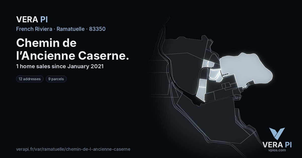Chemin de l’Ancienne Caserne, Ramatuelle at night – every parcel coloured by the prices around it, the street's own parcels lit
