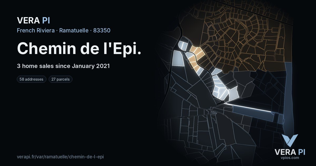 Chemin de l'Epi, Ramatuelle at night – every parcel coloured by the prices around it, the street's own parcels lit
