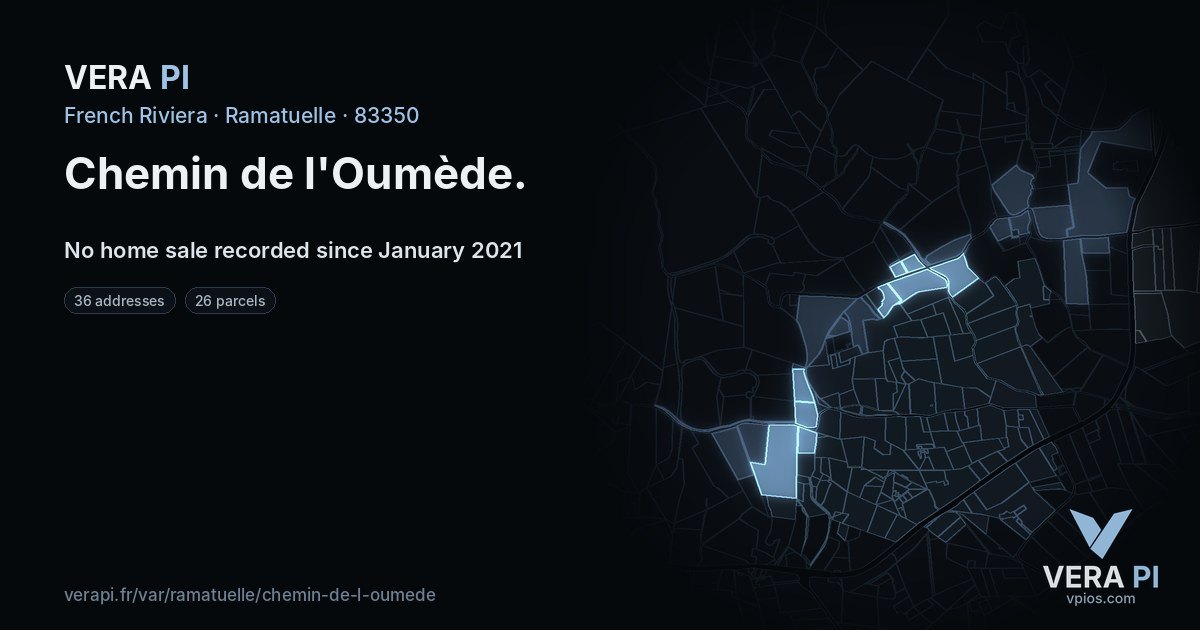 Chemin de l'Oumède, Ramatuelle at night – every parcel coloured by the prices around it, the street's own parcels lit