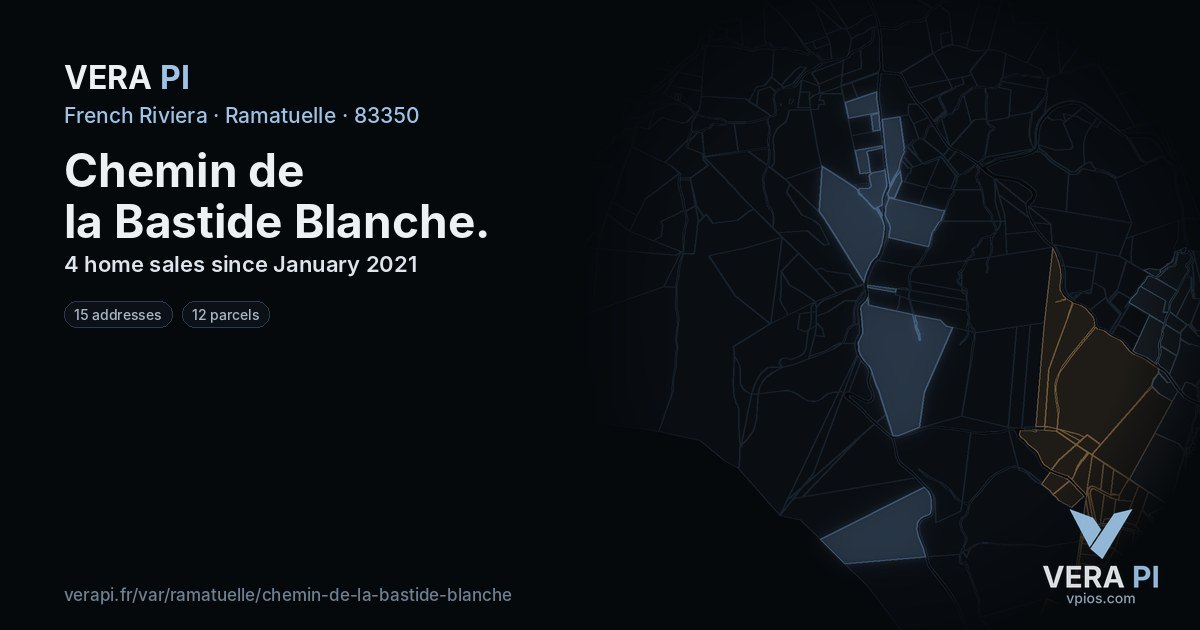 Chemin de la Bastide Blanche, Ramatuelle at night – every parcel coloured by the prices around it, the street's own parcels lit