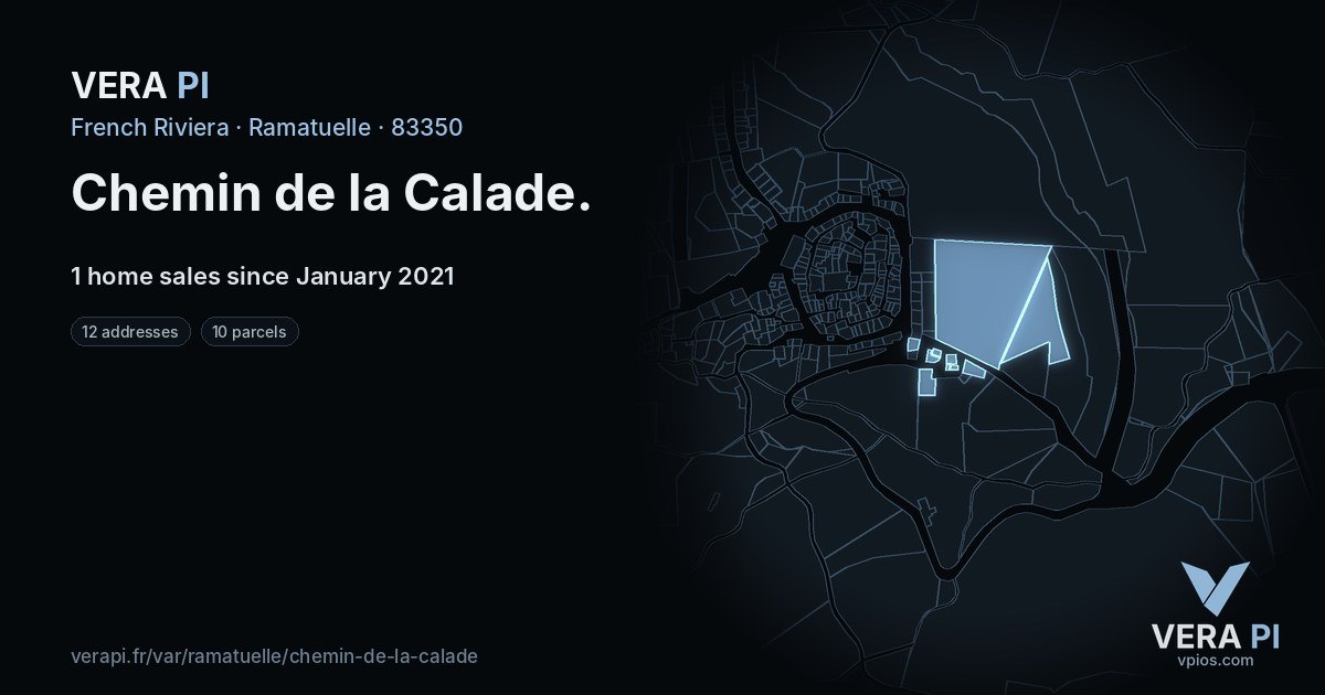 Chemin de la Calade, Ramatuelle at night – every parcel coloured by the prices around it, the street's own parcels lit