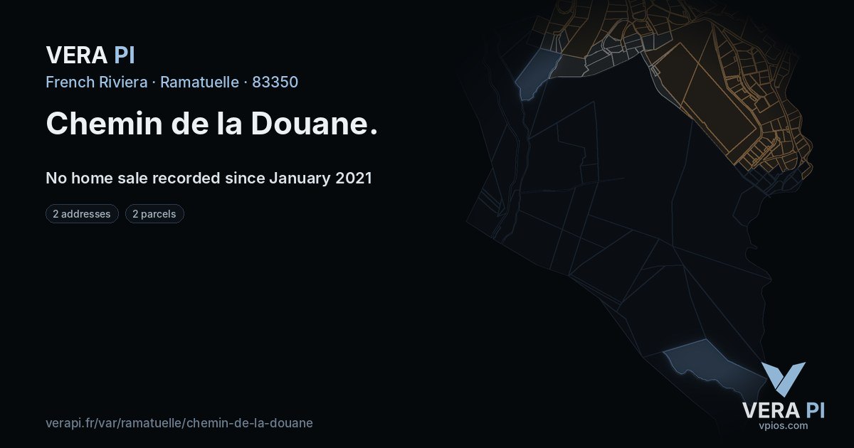 Chemin de la Douane, Ramatuelle at night – every parcel coloured by the prices around it, the street's own parcels lit