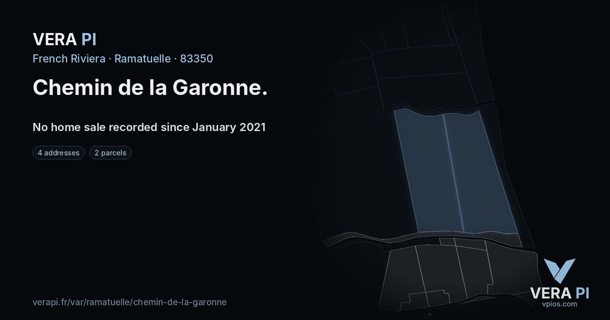 Chemin de la Garonne, Ramatuelle at night – every parcel coloured by the prices around it, the street's own parcels lit