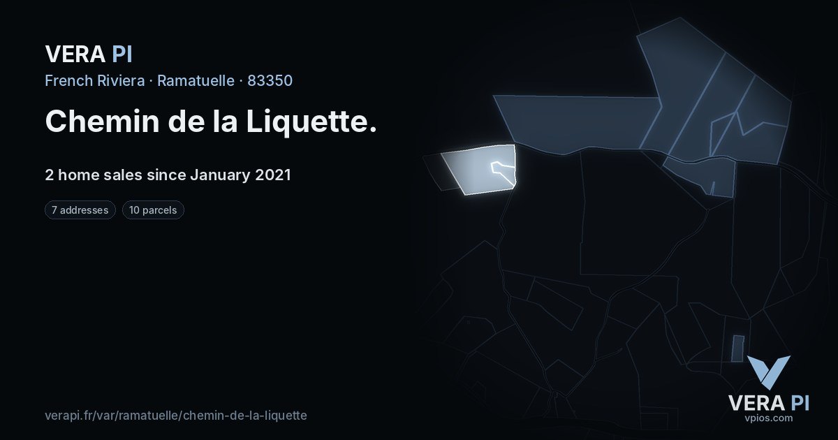 Chemin de la Liquette, Ramatuelle at night – every parcel coloured by the prices around it, the street's own parcels lit