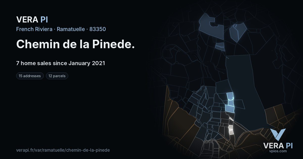 Chemin de la Pinede, Ramatuelle at night – every parcel coloured by the prices around it, the street's own parcels lit