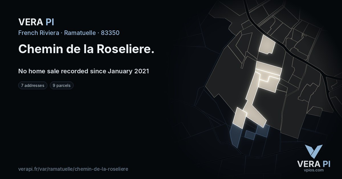 Chemin de la Roseliere, Ramatuelle at night – every parcel coloured by the prices around it, the street's own parcels lit