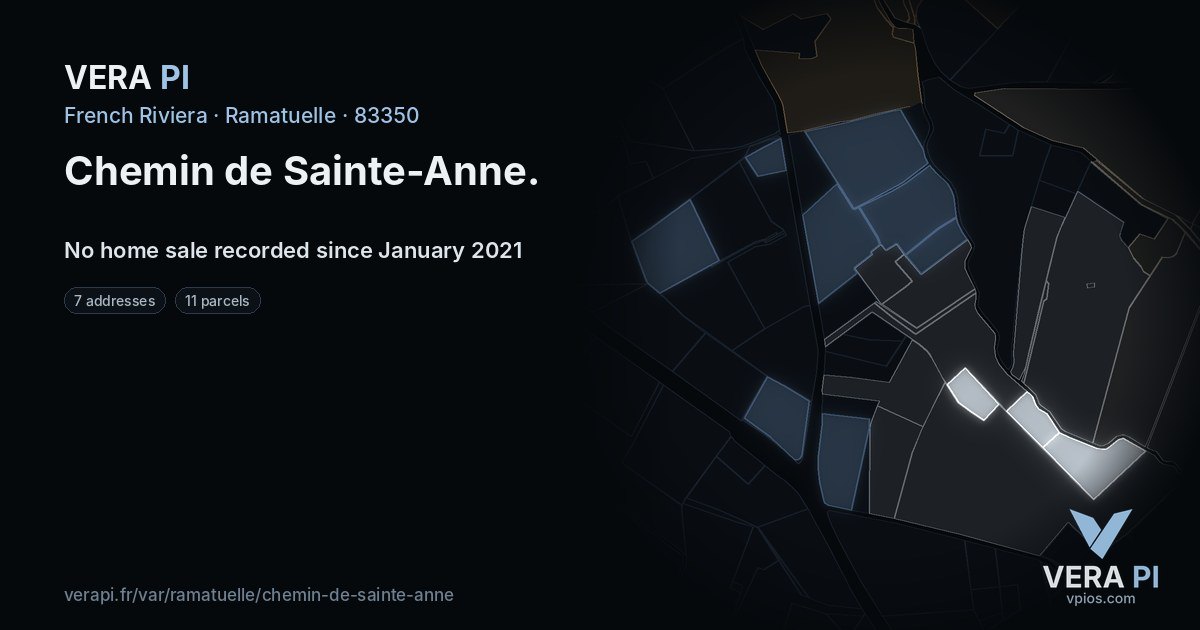 Chemin de Sainte-Anne, Ramatuelle at night – every parcel coloured by the prices around it, the street's own parcels lit