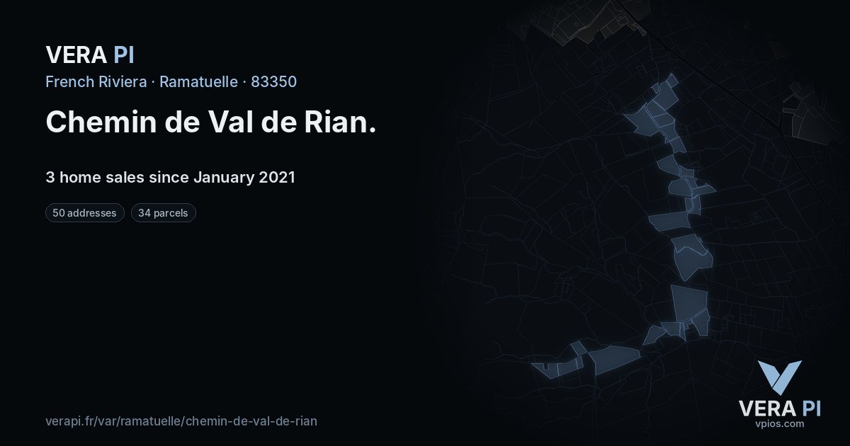 Chemin de Val de Rian, Ramatuelle at night – every parcel coloured by the prices around it, the street's own parcels lit