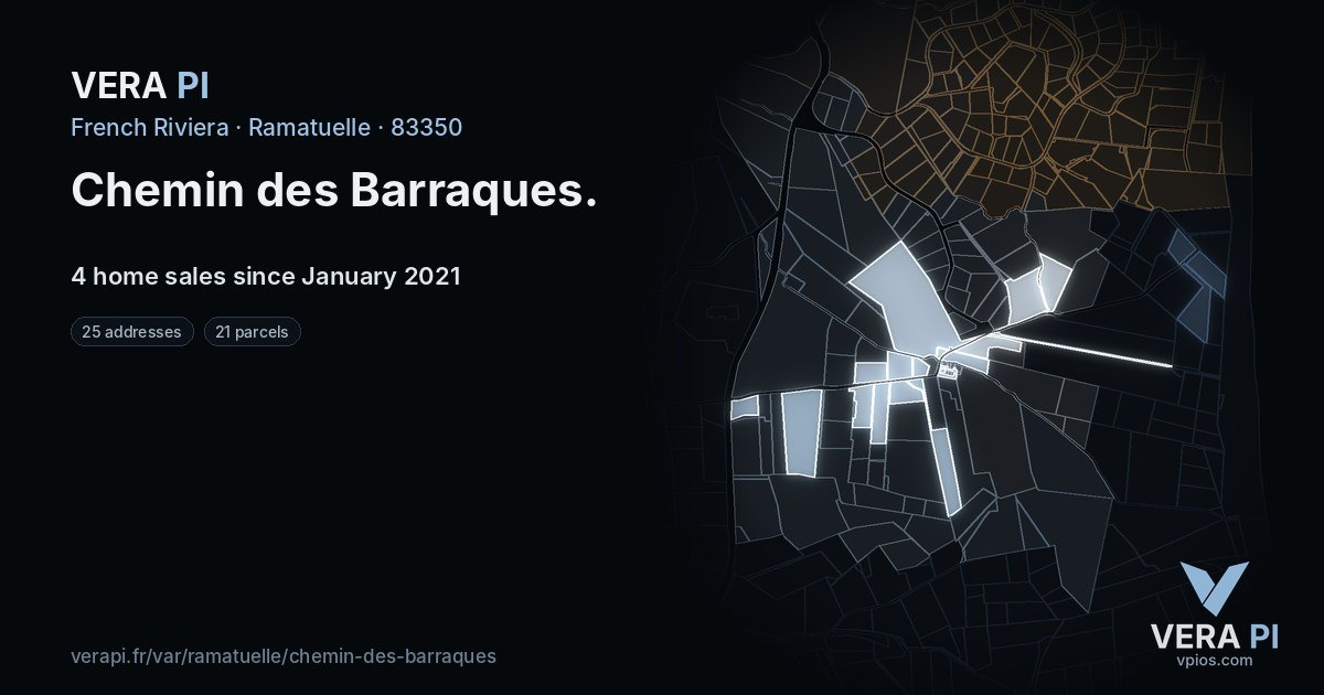 Chemin des Barraques, Ramatuelle at night – every parcel coloured by the prices around it, the street's own parcels lit