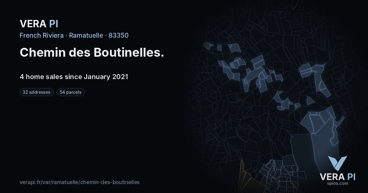 Chemin des Boutinelles, Ramatuelle at night – every parcel coloured by the prices around it, the street's own parcels lit