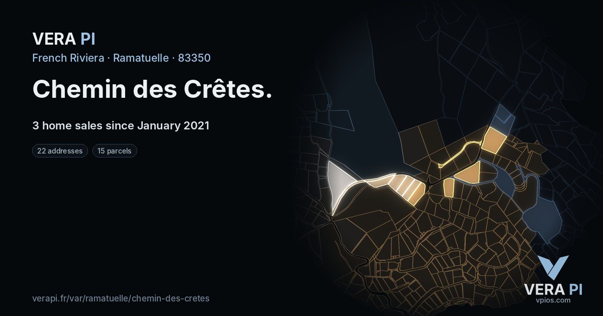 Chemin des Crêtes, Ramatuelle at night – every parcel coloured by the prices around it, the street's own parcels lit