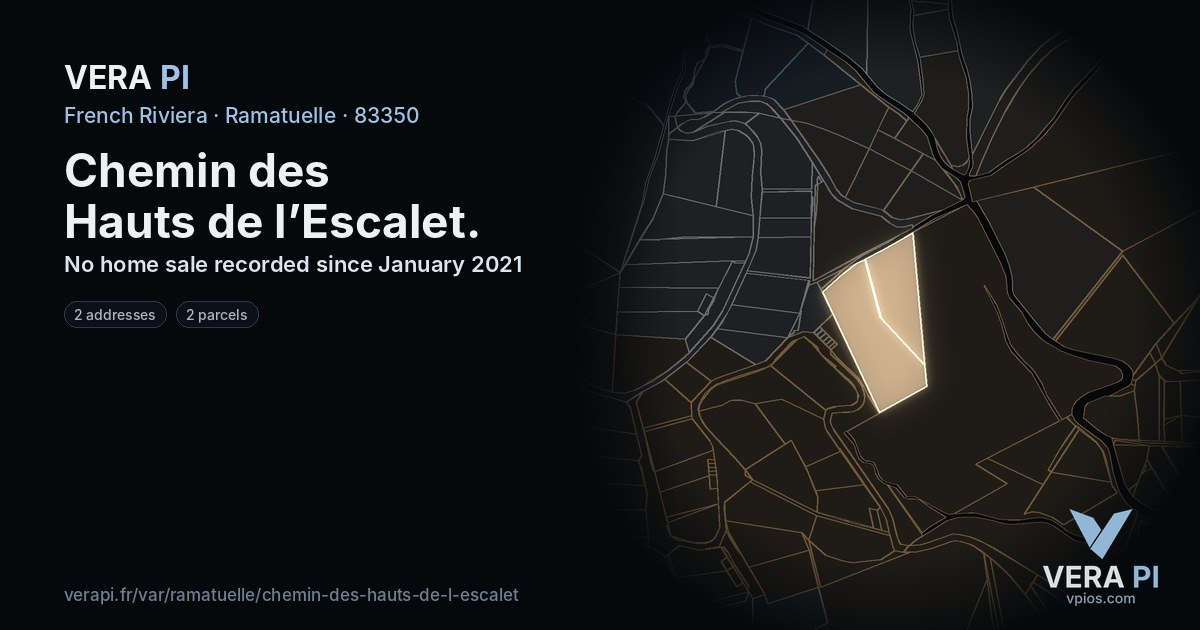 Chemin des Hauts de l’Escalet, Ramatuelle at night – every parcel coloured by the prices around it, the street's own parcels lit