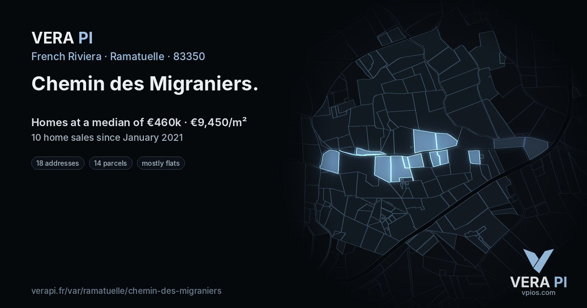Chemin des Migraniers, Ramatuelle at night – every parcel coloured by the prices around it, the street's own parcels lit