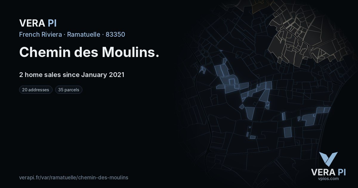 Chemin des Moulins, Ramatuelle at night – every parcel coloured by the prices around it, the street's own parcels lit