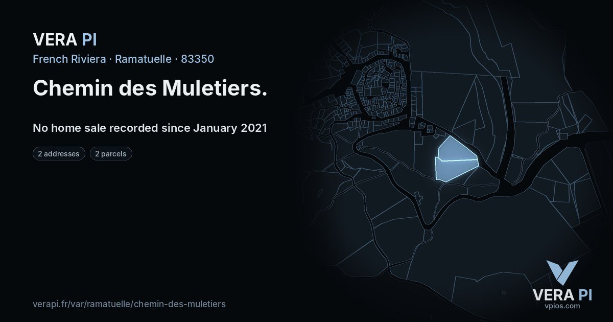 Chemin des Muletiers, Ramatuelle at night – every parcel coloured by the prices around it, the street's own parcels lit