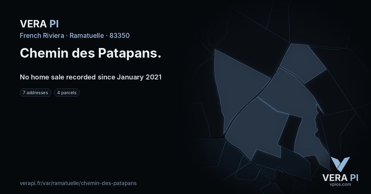 Chemin des Patapans, Ramatuelle at night – every parcel coloured by the prices around it, the street's own parcels lit