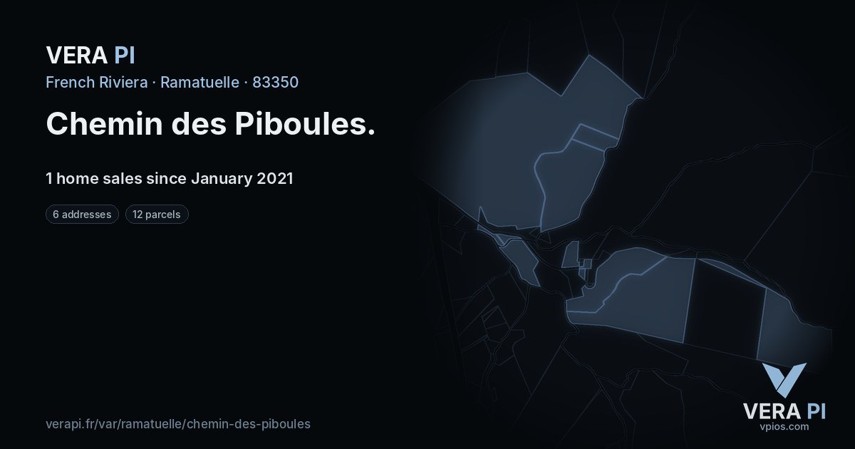 Chemin des Piboules, Ramatuelle at night – every parcel coloured by the prices around it, the street's own parcels lit