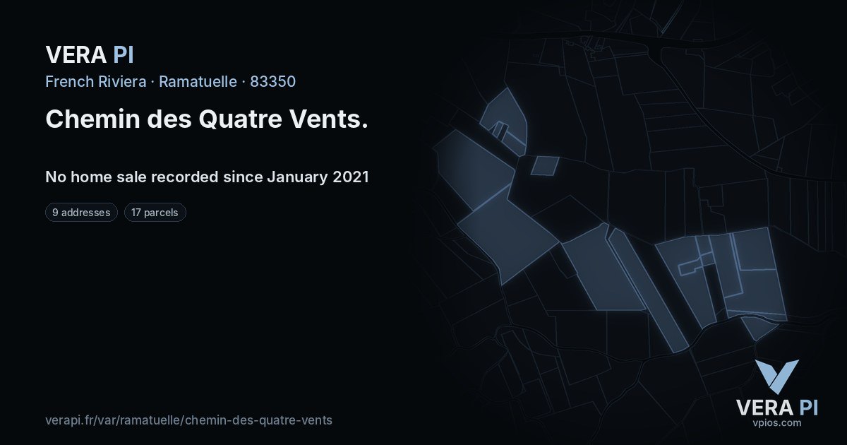 Chemin des Quatre Vents, Ramatuelle at night – every parcel coloured by the prices around it, the street's own parcels lit