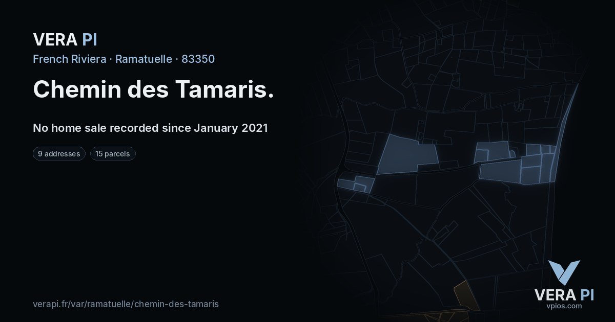 Chemin des Tamaris, Ramatuelle at night – every parcel coloured by the prices around it, the street's own parcels lit