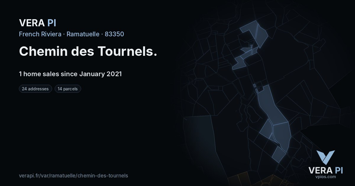 Chemin des Tournels, Ramatuelle at night – every parcel coloured by the prices around it, the street's own parcels lit