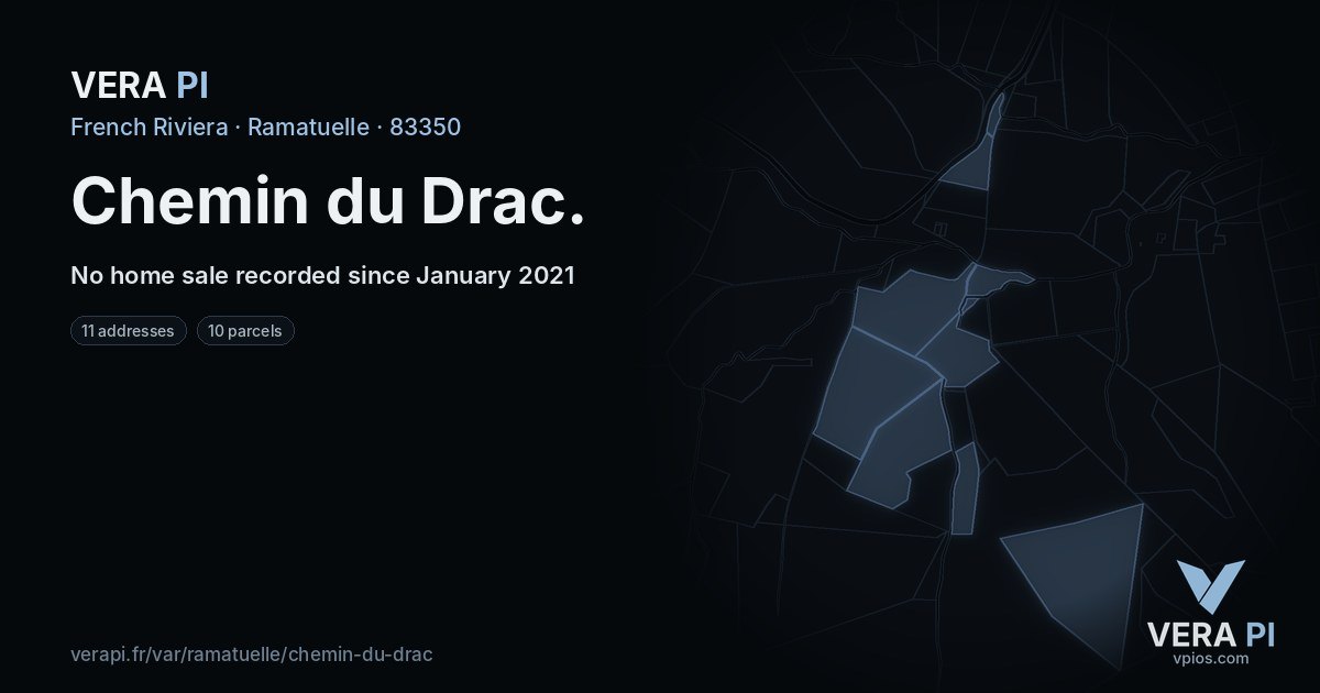 Chemin du Drac, Ramatuelle at night – every parcel coloured by the prices around it, the street's own parcels lit
