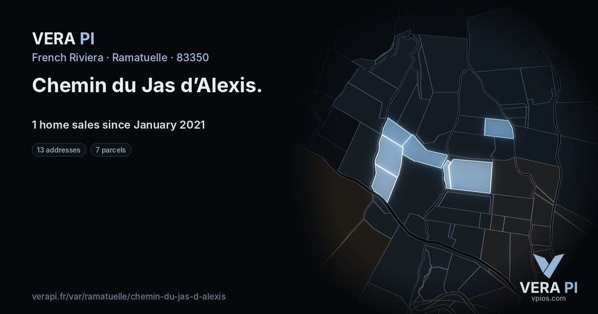 Chemin du Jas d’Alexis, Ramatuelle at night – every parcel coloured by the prices around it, the street's own parcels lit