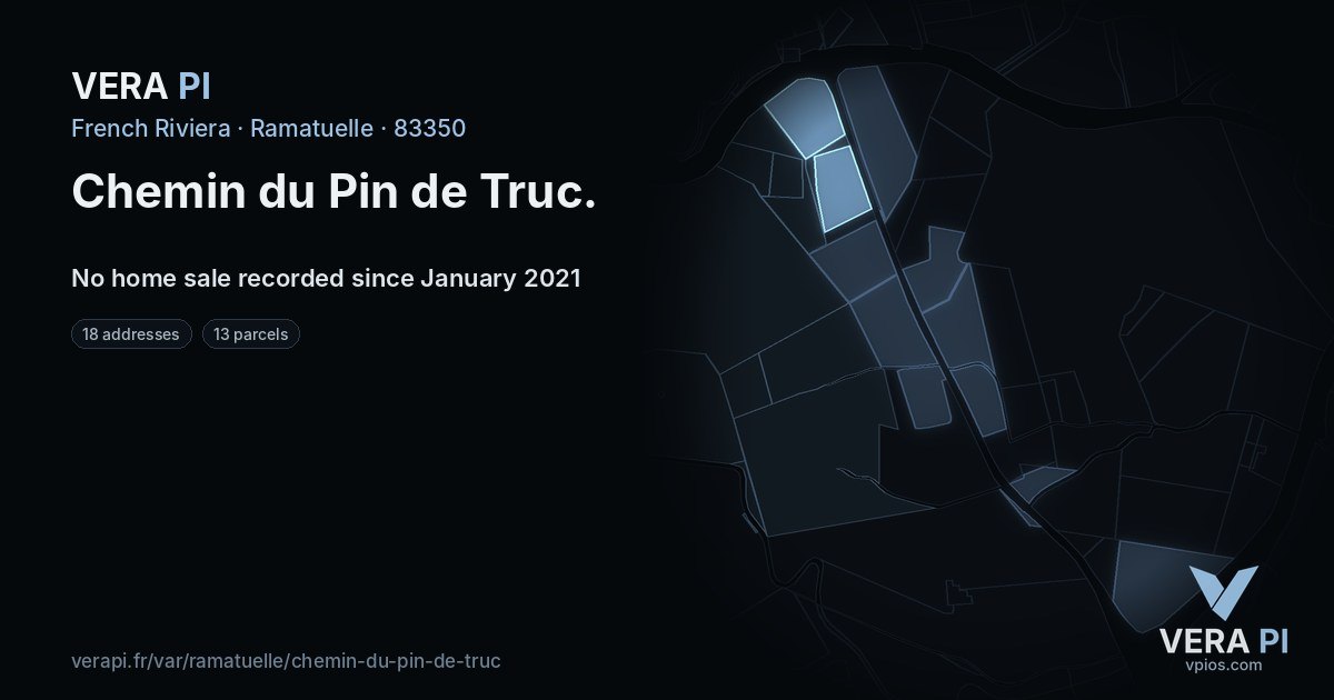Chemin du Pin de Truc, Ramatuelle at night – every parcel coloured by the prices around it, the street's own parcels lit