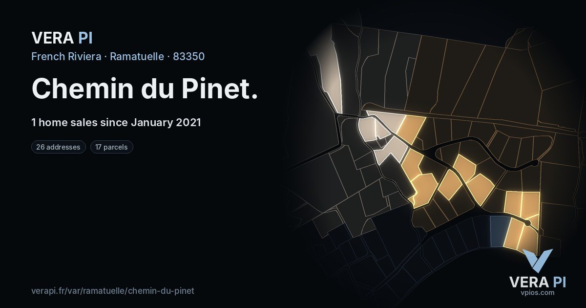 Chemin du Pinet, Ramatuelle at night – every parcel coloured by the prices around it, the street's own parcels lit
