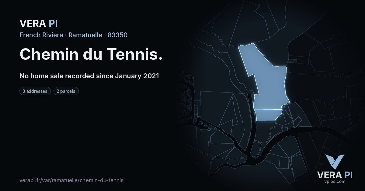 Chemin du Tennis, Ramatuelle at night – every parcel coloured by the prices around it, the street's own parcels lit