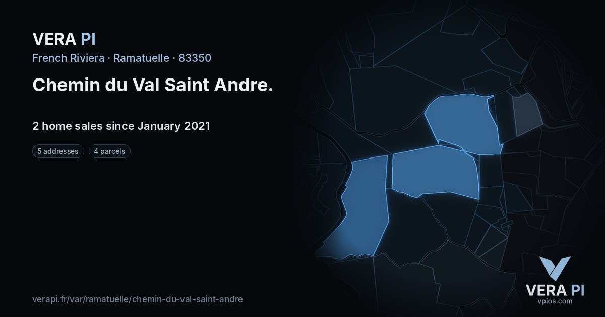 Chemin du Val Saint Andre, Ramatuelle at night – every parcel coloured by the prices around it, the street's own parcels lit