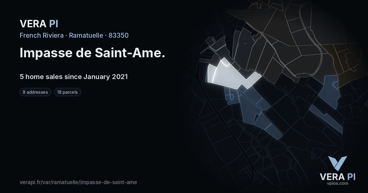 Impasse de Saint-Ame, Ramatuelle at night – every parcel coloured by the prices around it, the street's own parcels lit