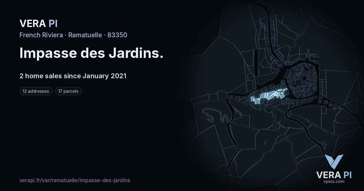 Impasse des Jardins, Ramatuelle at night – every parcel coloured by the prices around it, the street's own parcels lit