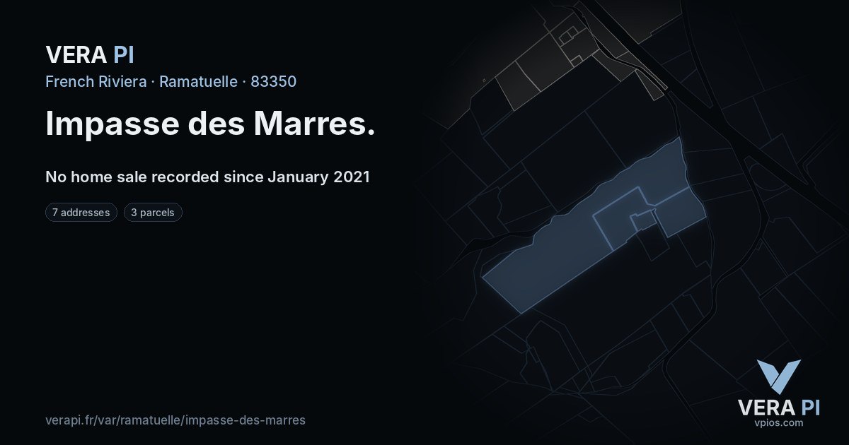 Impasse des Marres, Ramatuelle at night – every parcel coloured by the prices around it, the street's own parcels lit