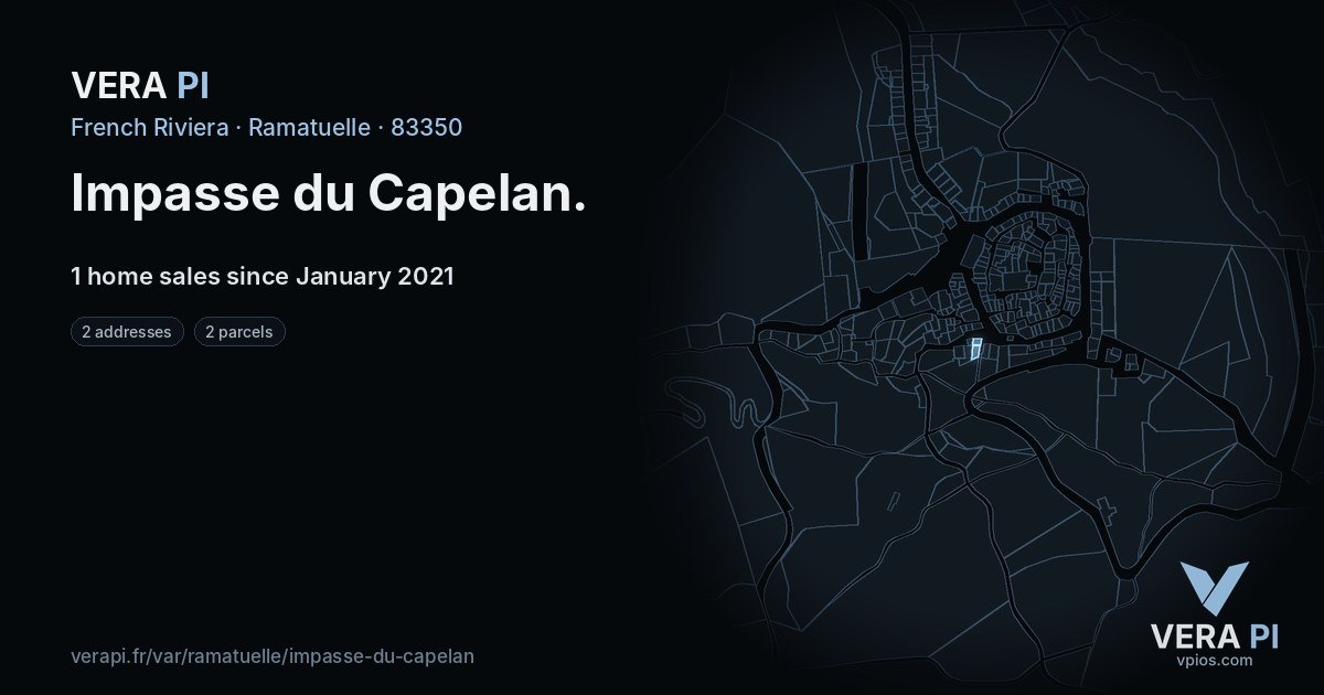 Impasse du Capelan, Ramatuelle at night – every parcel coloured by the prices around it, the street's own parcels lit