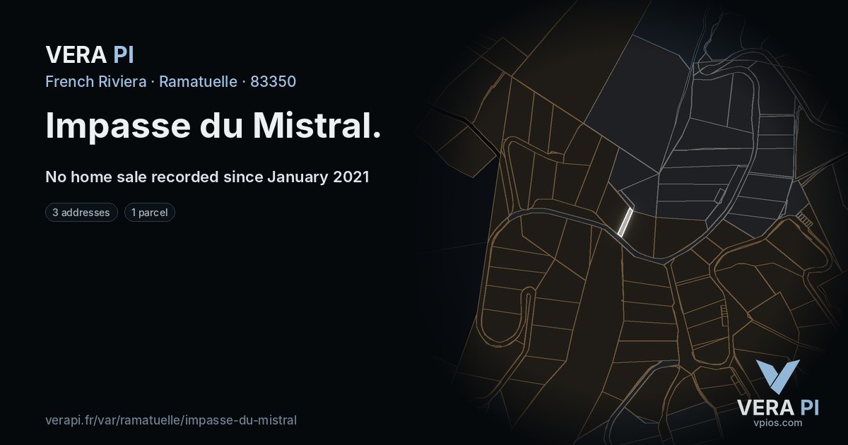 Impasse du Mistral, Ramatuelle at night – every parcel coloured by the prices around it, the street's own parcels lit