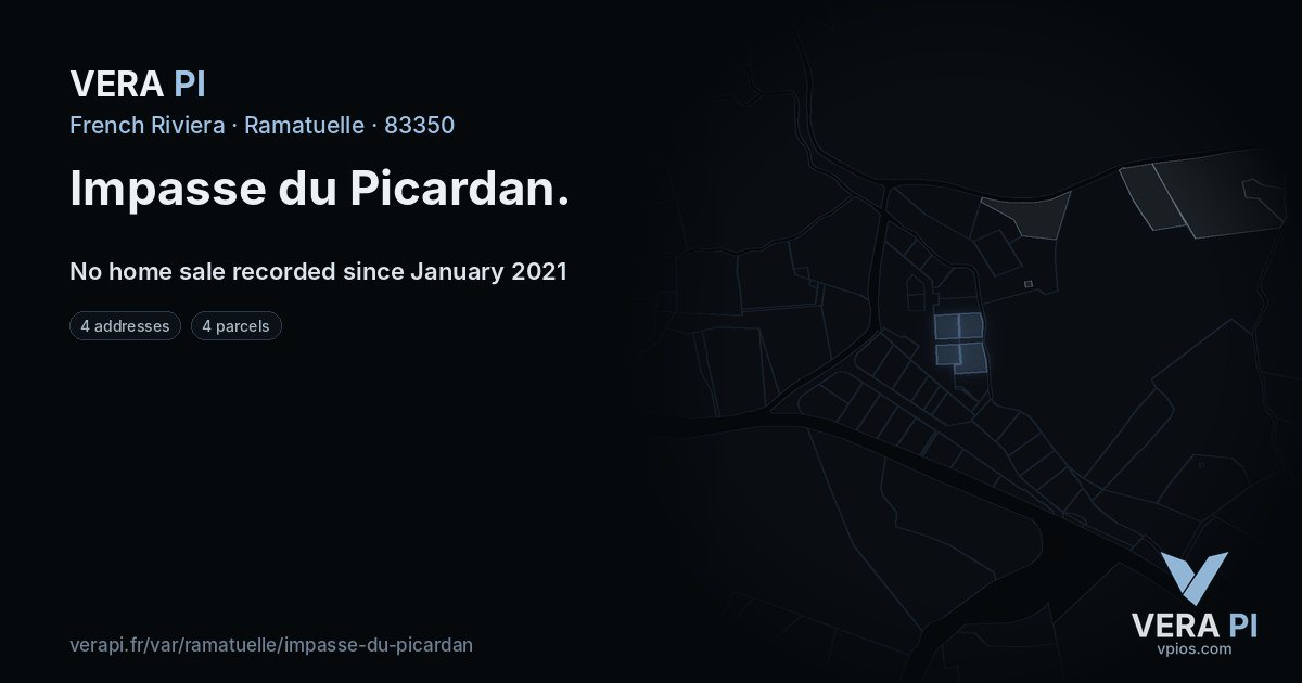 Impasse du Picardan, Ramatuelle at night – every parcel coloured by the prices around it, the street's own parcels lit