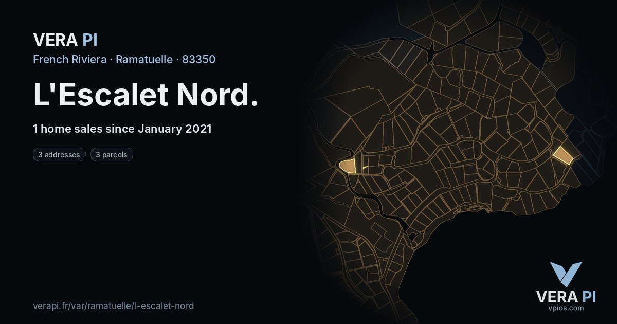 L'Escalet Nord, Ramatuelle at night – every parcel coloured by the prices around it, the street's own parcels lit