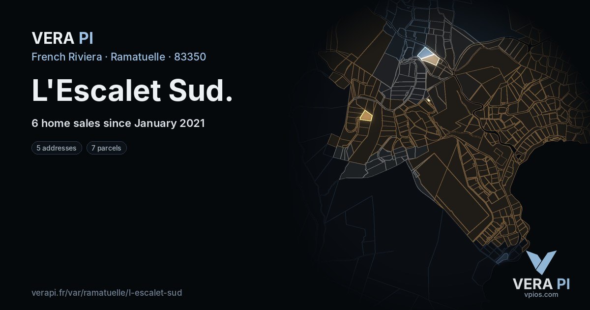 L'Escalet Sud, Ramatuelle at night – every parcel coloured by the prices around it, the street's own parcels lit