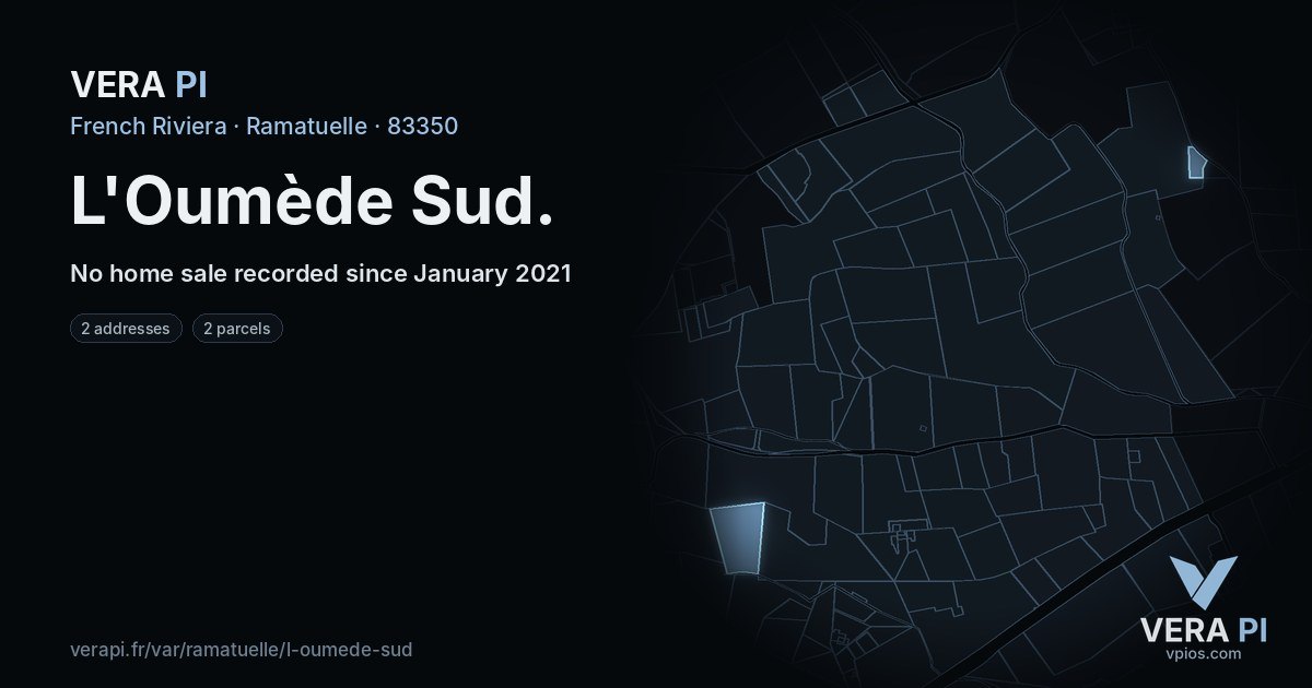 L'Oumède Sud, Ramatuelle at night – every parcel coloured by the prices around it, the street's own parcels lit