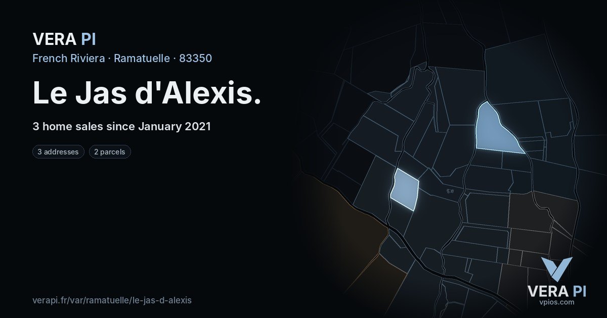 Le Jas d'Alexis, Ramatuelle at night – every parcel coloured by the prices around it, the street's own parcels lit