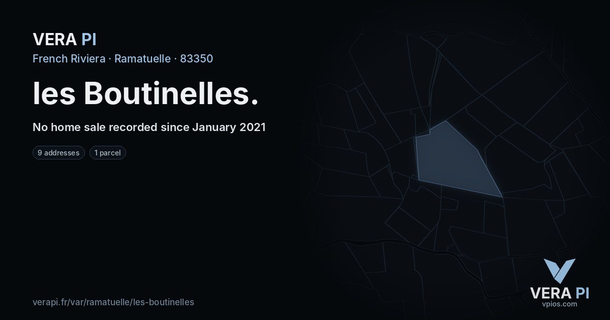 les Boutinelles, Ramatuelle at night – every parcel coloured by the prices around it, the street's own parcels lit