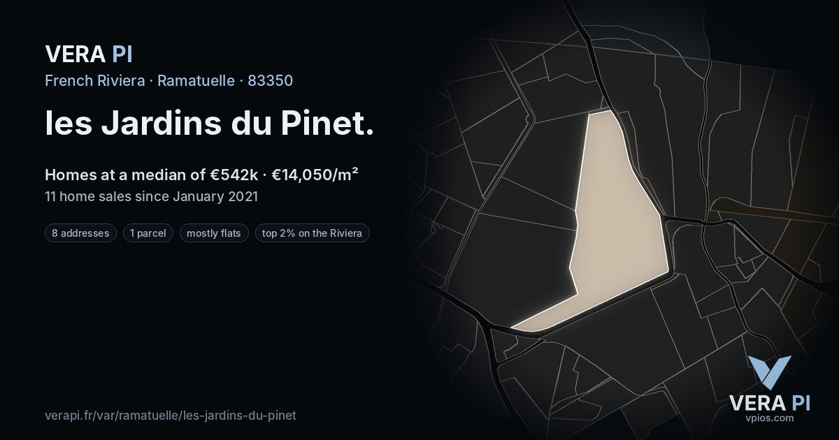 les Jardins du Pinet, Ramatuelle at night – every parcel coloured by the prices around it, the street's own parcels lit