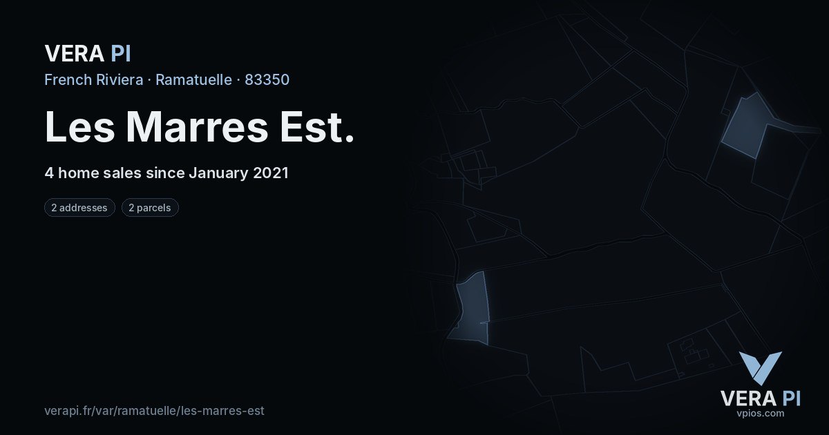 Les Marres Est, Ramatuelle at night – every parcel coloured by the prices around it, the street's own parcels lit