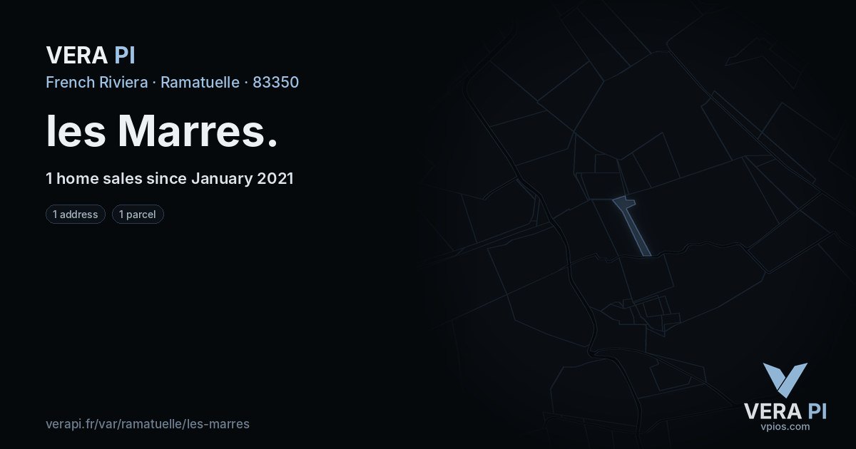 les Marres, Ramatuelle at night – every parcel coloured by the prices around it, the street's own parcels lit