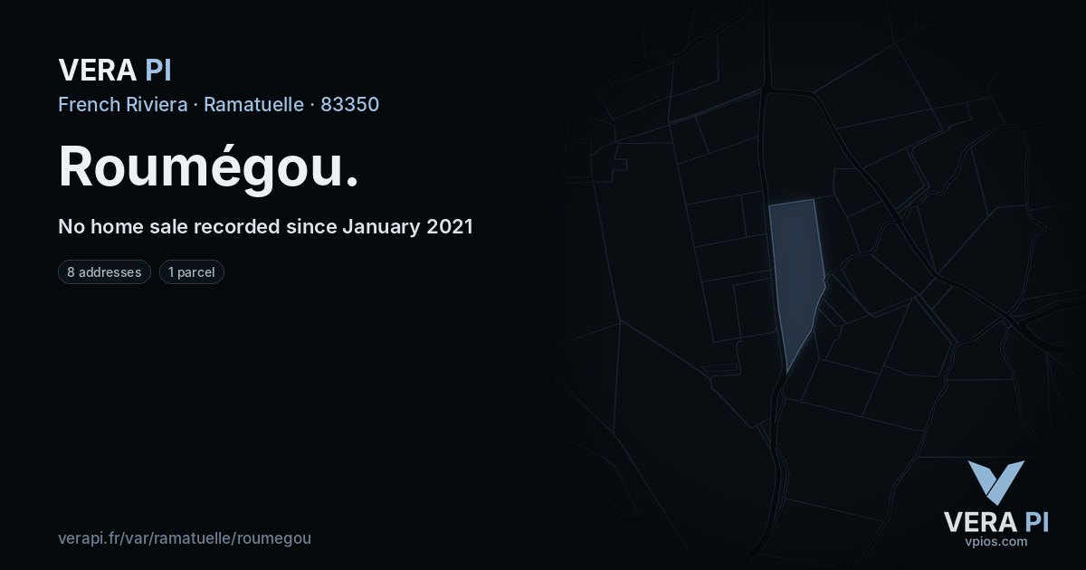 Roumégou, Ramatuelle at night – every parcel coloured by the prices around it, the street's own parcels lit