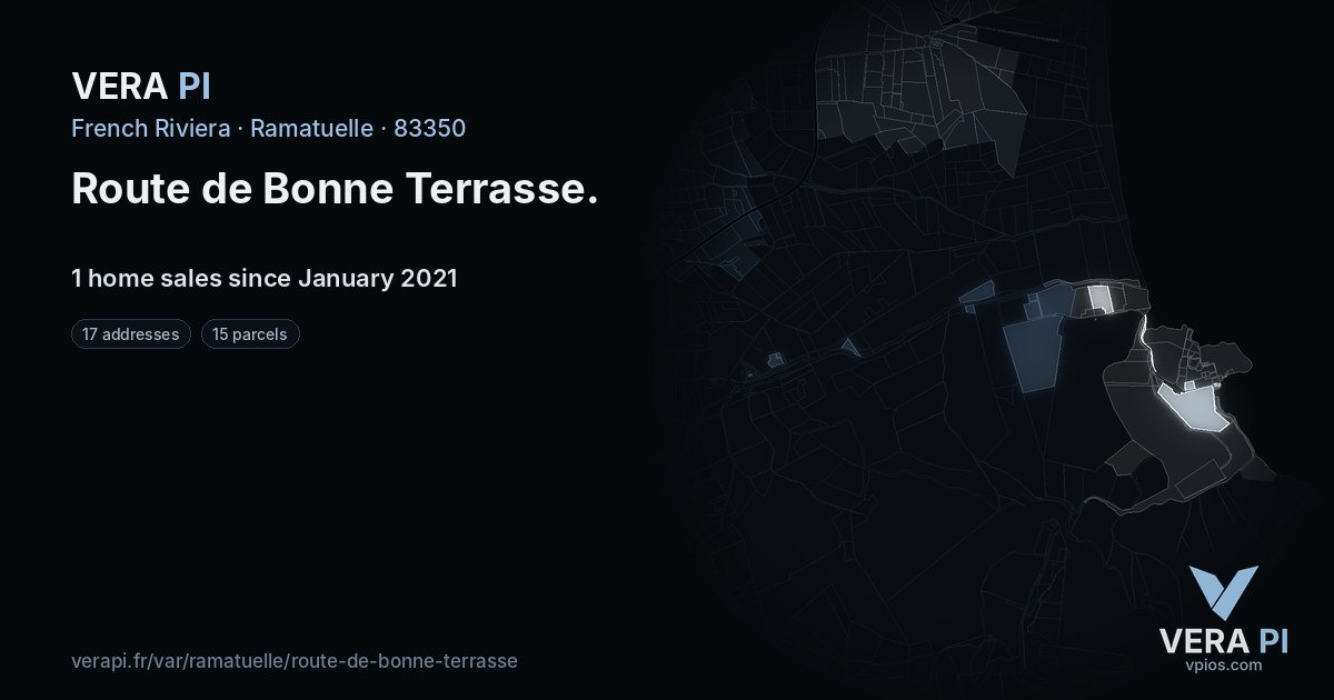 Route de Bonne Terrasse, Ramatuelle at night – every parcel coloured by the prices around it, the street's own parcels lit