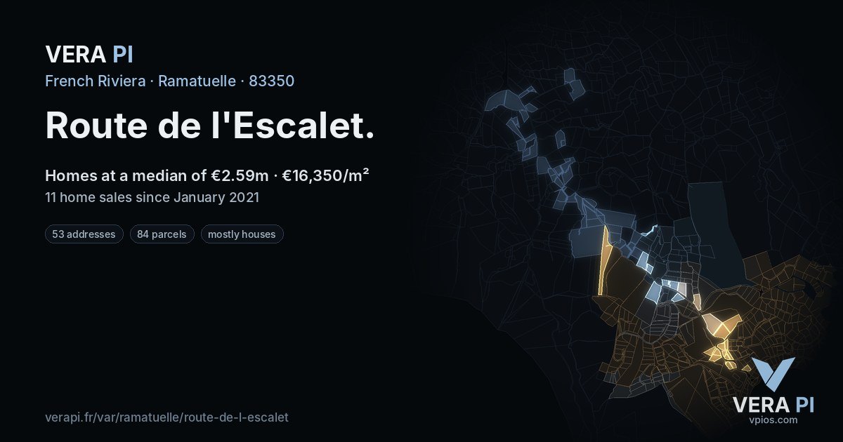 Route de l'Escalet, Ramatuelle at night – every parcel coloured by the prices around it, the street's own parcels lit