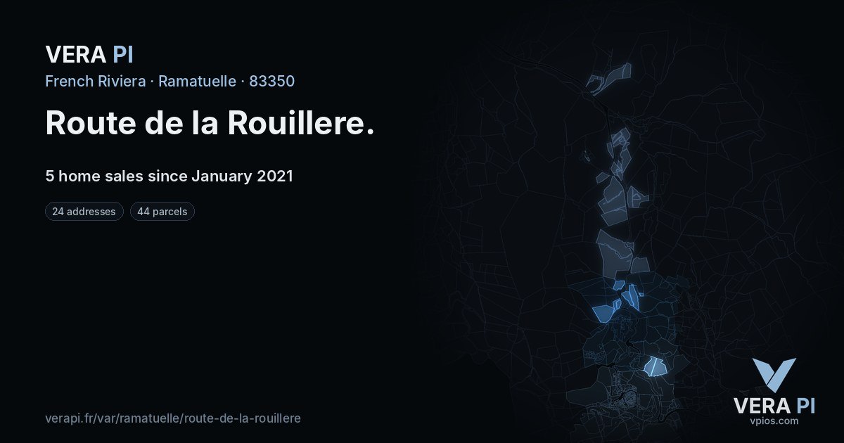 Route de la Rouillere, Ramatuelle at night – every parcel coloured by the prices around it, the street's own parcels lit