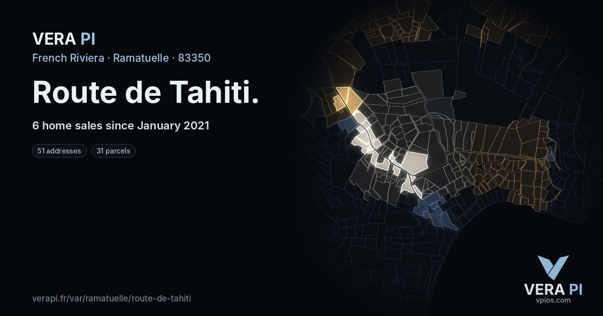 Route de Tahiti, Ramatuelle at night – every parcel coloured by the prices around it, the street's own parcels lit